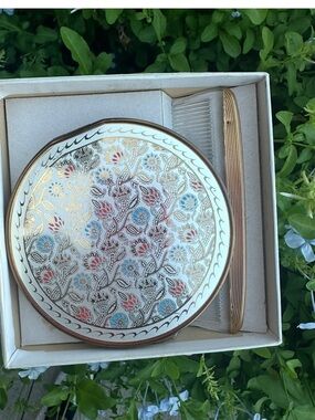 Vintage Rex Fifth Avenue Floral Enamel Powder Compact Mirror With Box
